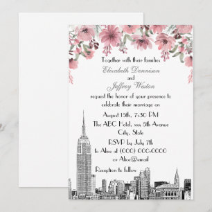 Invitación Horizonte de NYC ESB Grabado Rosa Floral Boda