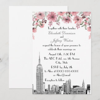 Invitación Horizonte de NYC ESB Grabado Rosa Floral Boda