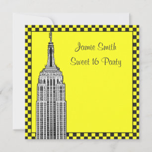 Invitación Horizonte de NYC grabado ESB Taxi a cuadros 2 Dulc