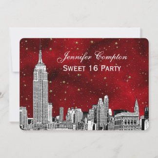 Invitación Horizonte de NYC Grabado Estrellado Rojo BG SQ Dul