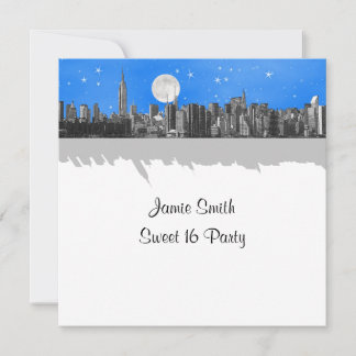 Invitación Horizonte de NYC Grabado Luna Azul Claro 2 Dulces