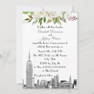 Invitación Horizonte urbano de NYC ESB Floral Acuarela Boda #