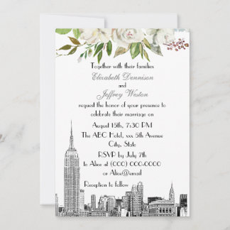 Invitación Horizonte urbano de NYC ESB Floral Acuarela Boda #