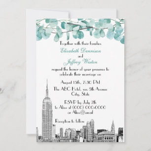 Invitación Horizonte urbano de NYC ESB Grabado Eucalipto Boda
