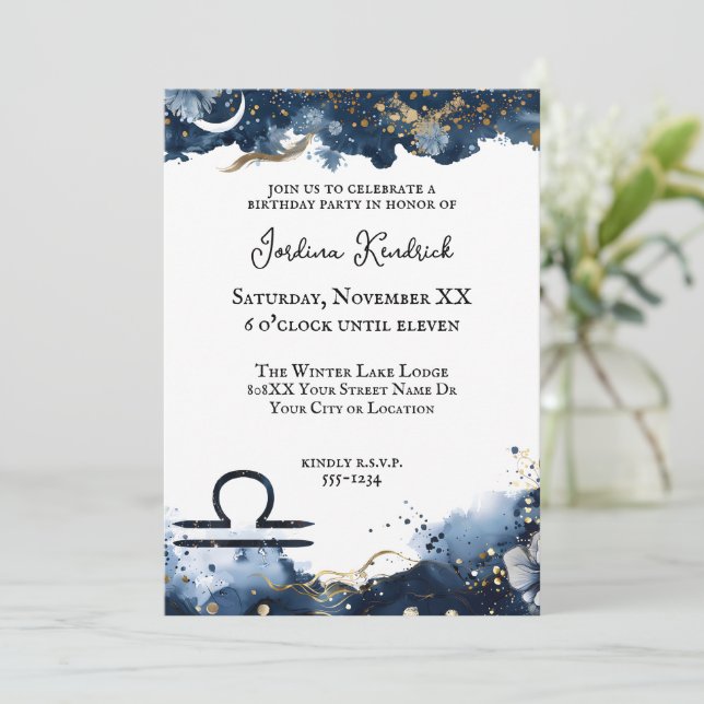 Invitación Horoscopio Celeste Libra Cumpleaños (Anverso de pie)