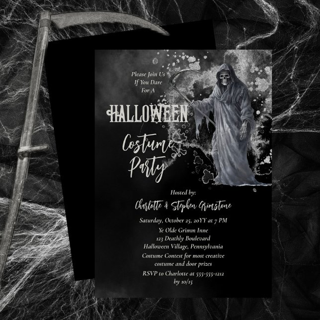 Invitación Horrible Fiesta de disfraces de Halloween Grim Rea (The Grim Reaper has come calling and he wants you and your friends to have a Halloween Costume Party)