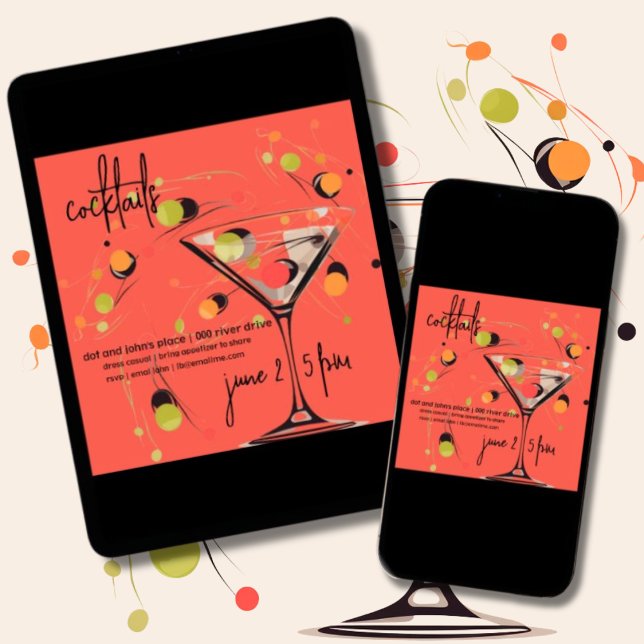 Invitación Horrible hora moderna de cócteles a mediados del s (Whimsical mid century modern martini and olives customizable house or birthday party invitation.)