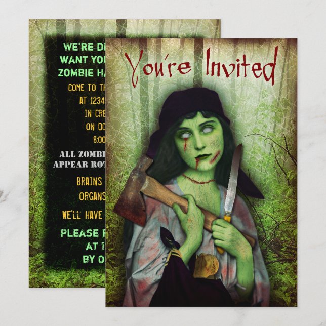 Invitación Horror de Halloween, Chica gótico zombiano (Anverso / Reverso)