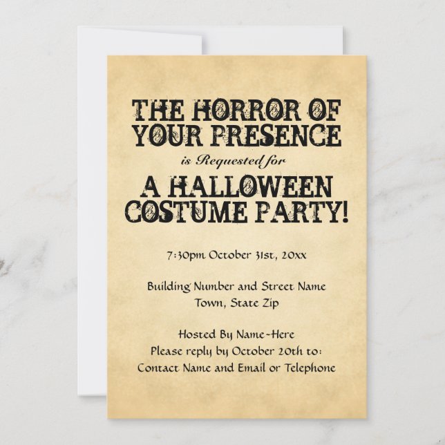 Invitación Horror de su presencia. Fiesta de Halloween. (Anverso)