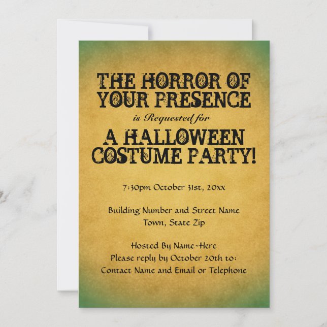 Invitación Horror de su presencia. Fiesta de Halloween. (Anverso)