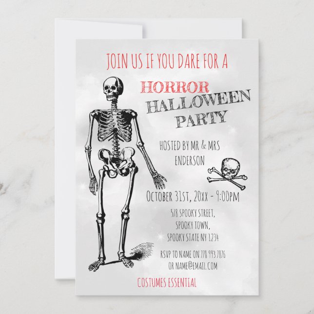Invitación Horror Halloween Skeleton Skull Grey Costume Fiest (Anverso)