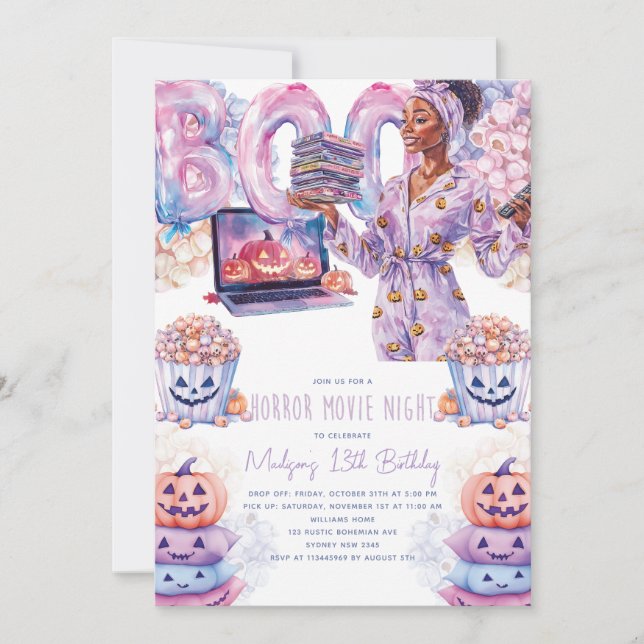 Invitación Horror Noche de cine Afro Halloween Slumber Cumple (Anverso)