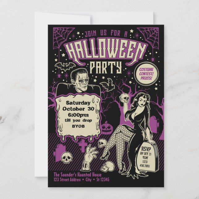 Invitación Horror retro Pin Up Halloween Fiesta de disfraces  (Anverso)