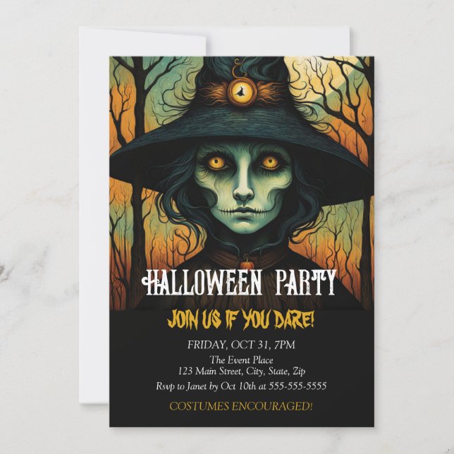 Invitación Horror Witch Face Costume Halloween Cumpleaños (Anverso)