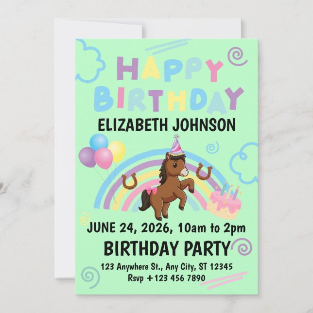 Invitación Horse Birthday Invitation in Green (Anverso)