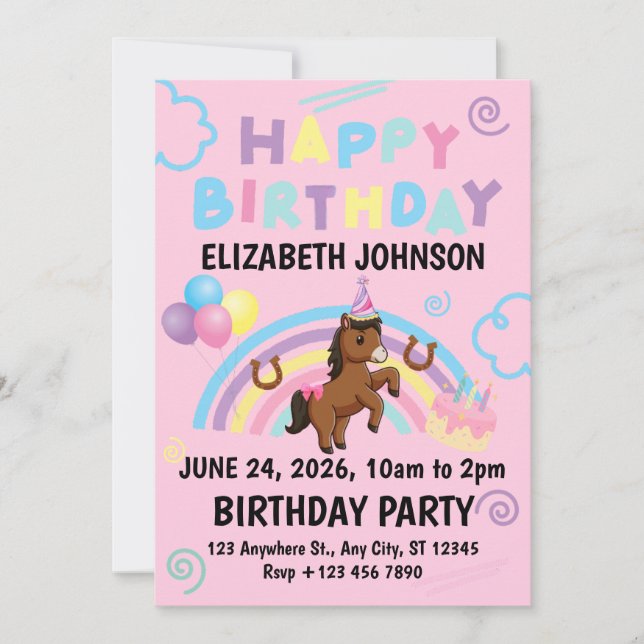 Invitación Horse Birthday Invitation in Pink (Anverso)