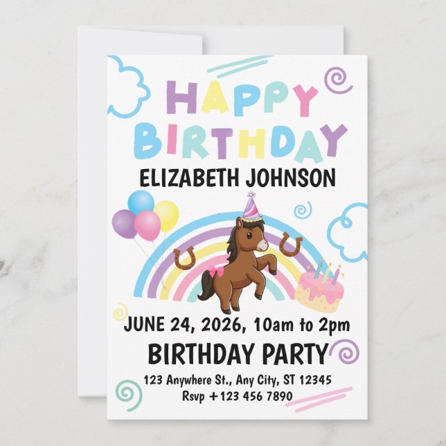 Invitación Horse Birthday Invitation White (Anverso)