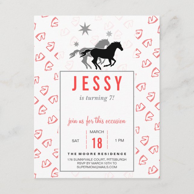 Invitación Horse Birthday Invitations Coral Red (Anverso)