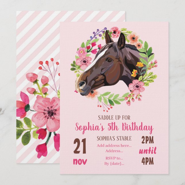 Invitación Horse Birthday Party Cowgirl Pink Floral Birthday (Anverso / Reverso)