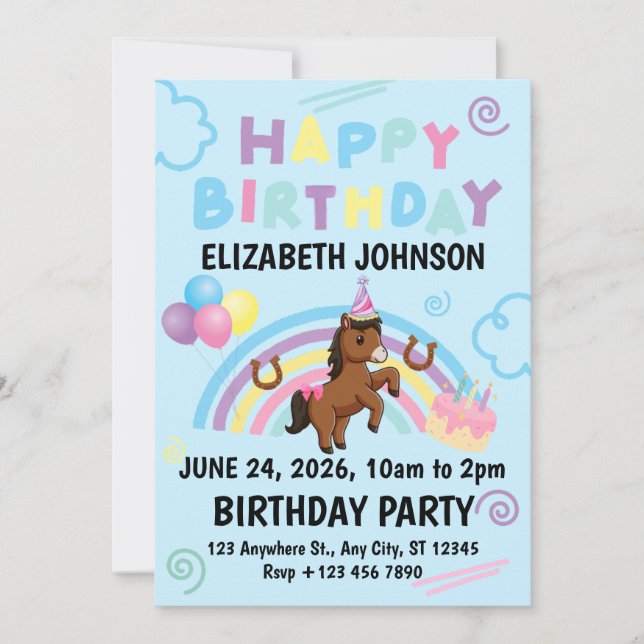 Invitación Horse Birthday Party Invitation Blue (Anverso)