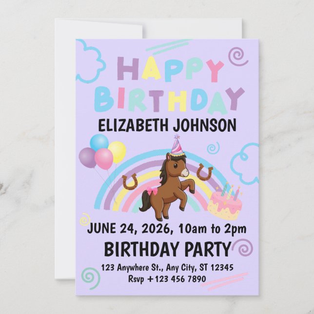 Invitación Horse Birthday Party Invitation Purple (Anverso)