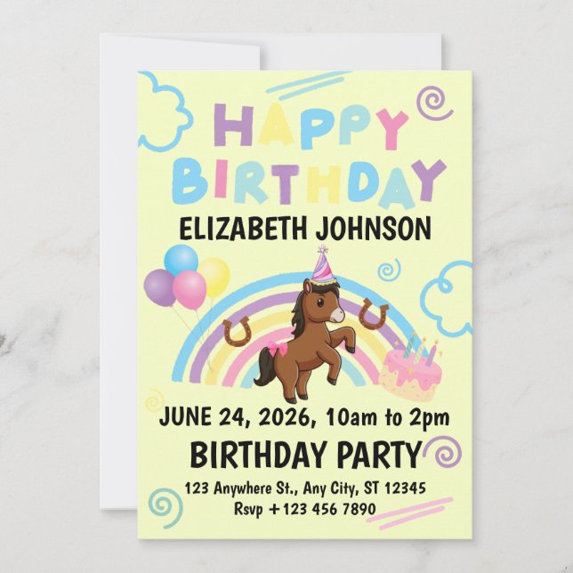 Invitación Horse Birthday Party Invitation Yellow (Anverso)