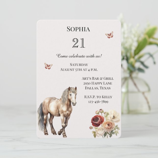 Invitación Horse Burgundy Cream Floral Cumpleaños (Anverso de pie)