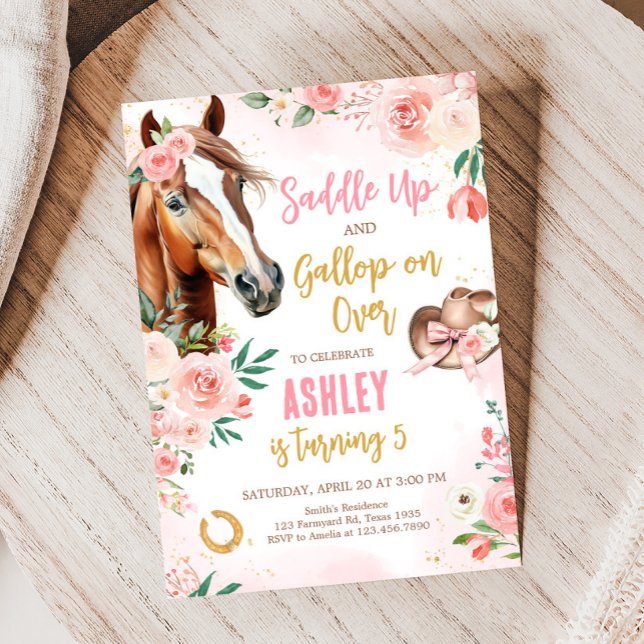 Invitación Horse Cowgirl Birday Party (Pink Floral Horse Cowgirl Birthday Party Invitation)