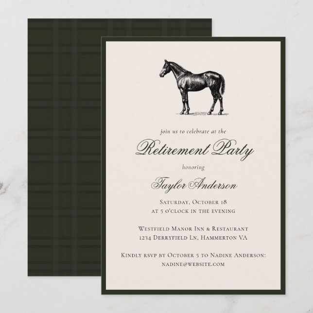 Invitación Horse Vintage Equestrian Elegant Retirement Party (Anverso / Reverso)