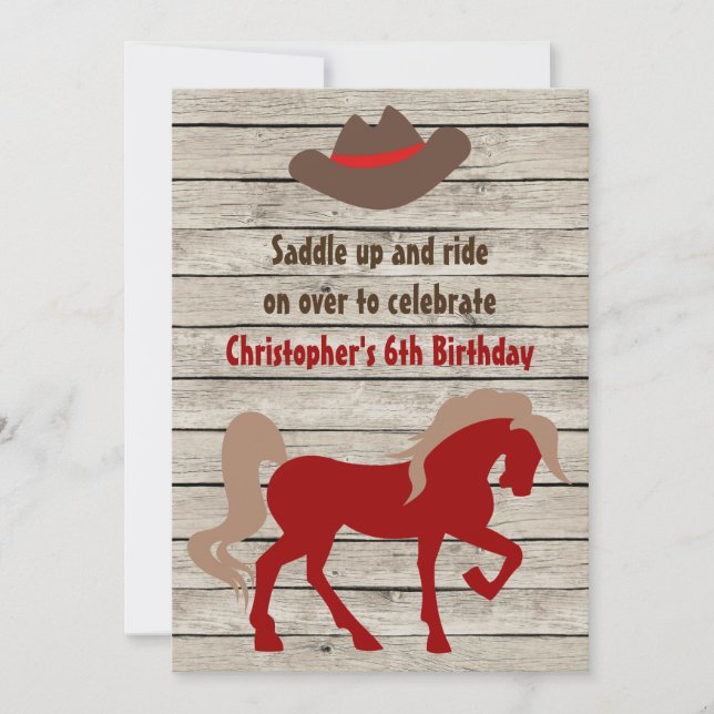 Invitación Horse y Gorra Vaquero Barn Wood Cumpleaños Occiden (Anverso)