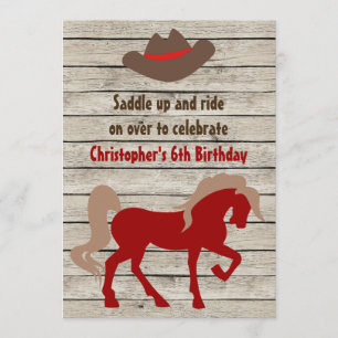 Invitación Horse y Gorra Vaquero Barn Wood Cumpleaños Occiden