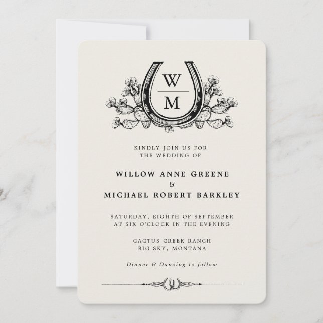 Invitación Horseshoe Cactus País Occidental Boho Boda (Anverso)