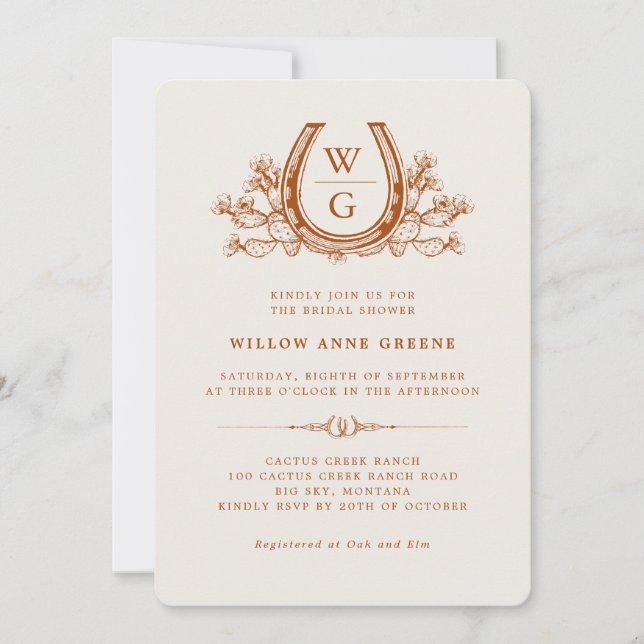 Invitación Horseshoe Cactus Western Boho Bridal Shower (Anverso)