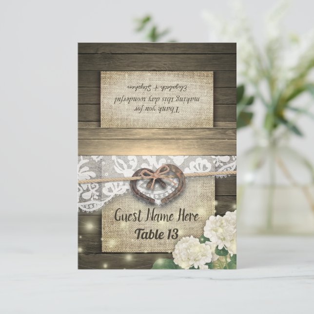 Invitación Horseshoe Hidrangea Boda de encaje de madera Númer (Anverso de pie)