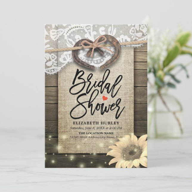 Invitación Horseshoe Lace Burlap Sunflower Wood Bridal Shower (Anverso de pie)