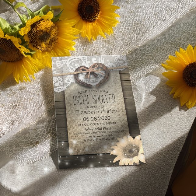 Invitación Horseshoe Lace Burlap Sunflower Wood Bridal Shower (Subido por el creador)