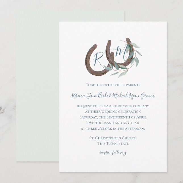 Invitación Horseshoe Monograma Sage Agua Botánica (Anverso / Reverso)