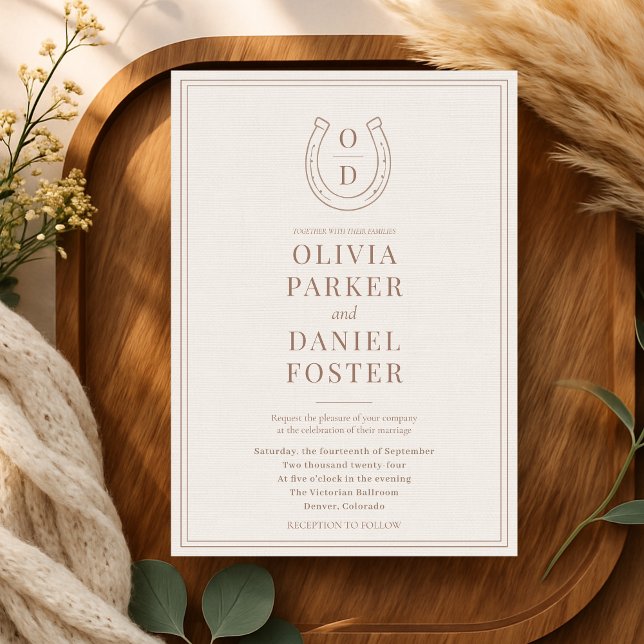 Invitación Horseshoe Western Country Brown Monogram Wedding (Subido por el creador)