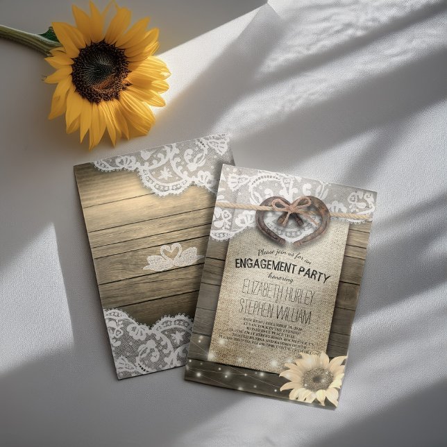 Invitación Horseshoes Burlap Lace Sunflowers Engagement Party (Subido por el creador)