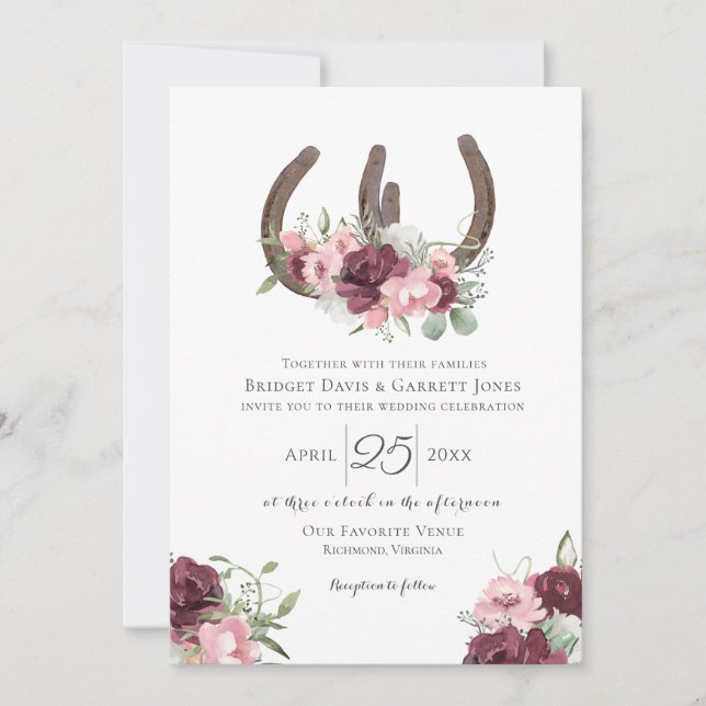 Invitación Horseshoes Floral Borgoña Boda Rosa (Anverso)