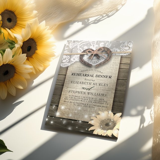 Invitación Horseshoes Lace Sunflowers Ensayo de madera Cena (Subido por el creador)