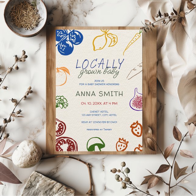 Invitación Hortalizas de huerta de mano de Baby Shower cultiv (Locally Grown Baby Farmer's Market Baby Shower Farm Raised Hand Drawn Illustrated Colorful Invite)