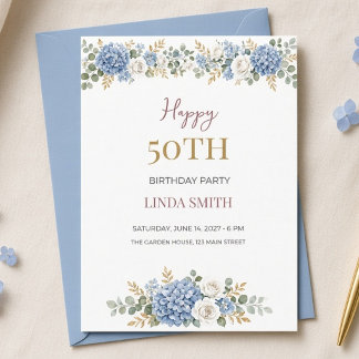 Invitación Hortensia Azul Acuarela 50 Cumpleaños