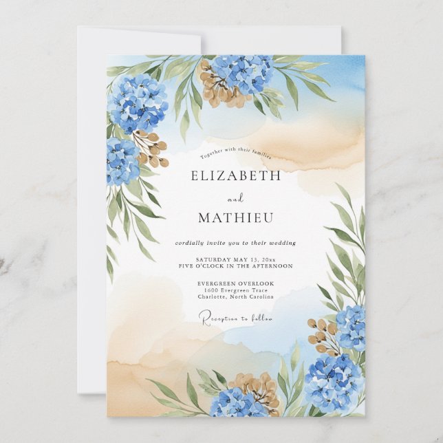 Invitación Hortensia Azul Boda Etérea (Anverso)