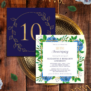 Invitación Hortensia Azul Dorada 10º Aniversario de Boda
