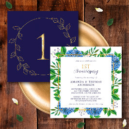 Invitación Hortensia Azul Dorada 1er Aniversario de Boda