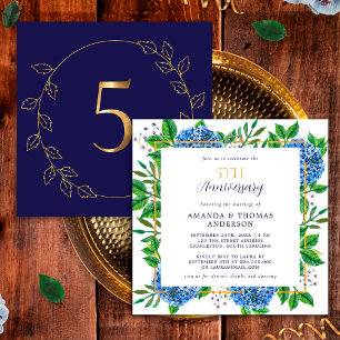 Invitación Hortensia Azul Dorada 5to Aniversario de Boda