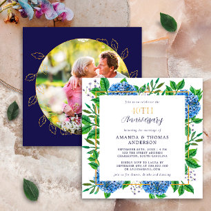 Invitación Hortensia Azul Dorada Aniversario de Bodas 40 Foto