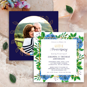 Invitación Hortensia Azul Dorada Foto Aniversario de Bodas 65
