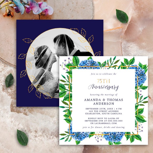 Invitación Hortensia Azul Dorada Foto Aniversario de Bodas 75 (Subido por el creador)